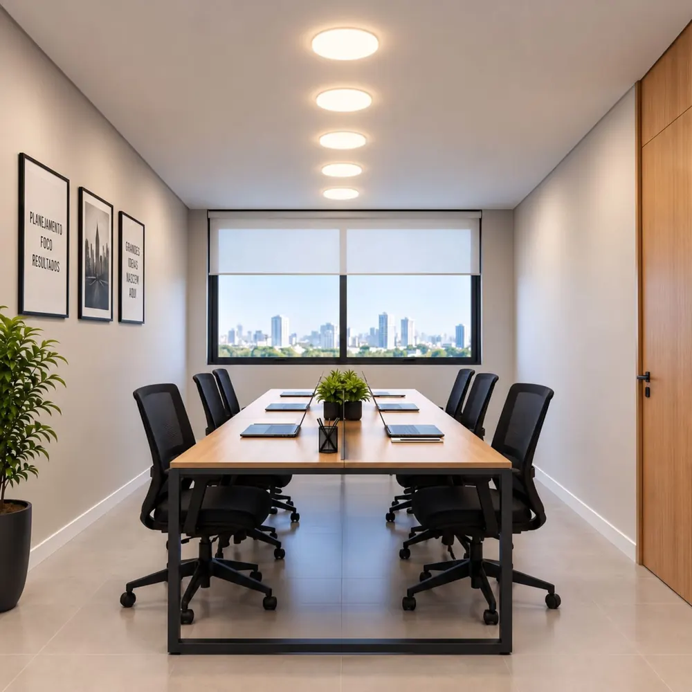 Sala de reunião iluminada por cinco painéis LED Borda Infinita redondos alinhados