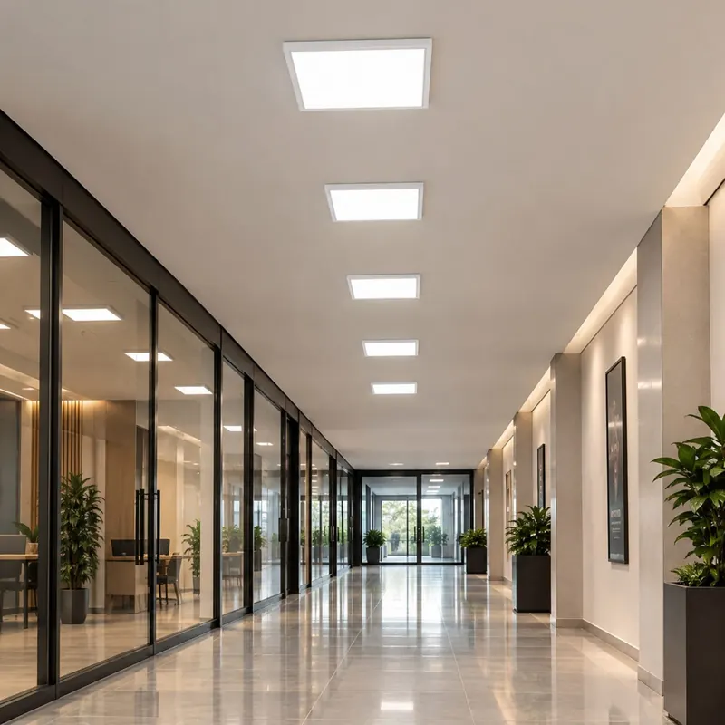 Corredor comercial iluminado por painéis LED Trofa quadrados