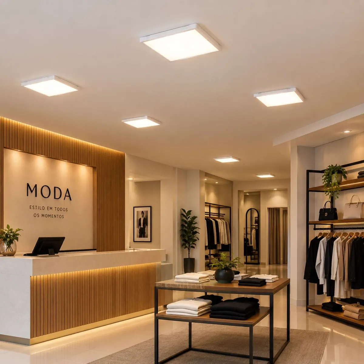 Loja de roupas iluminada por painéis LED Trofa quadrados de sobrepor