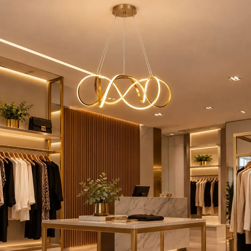Pendente LED Viseu em espiral dourada aceso sobre o balcão de uma loja de roupas